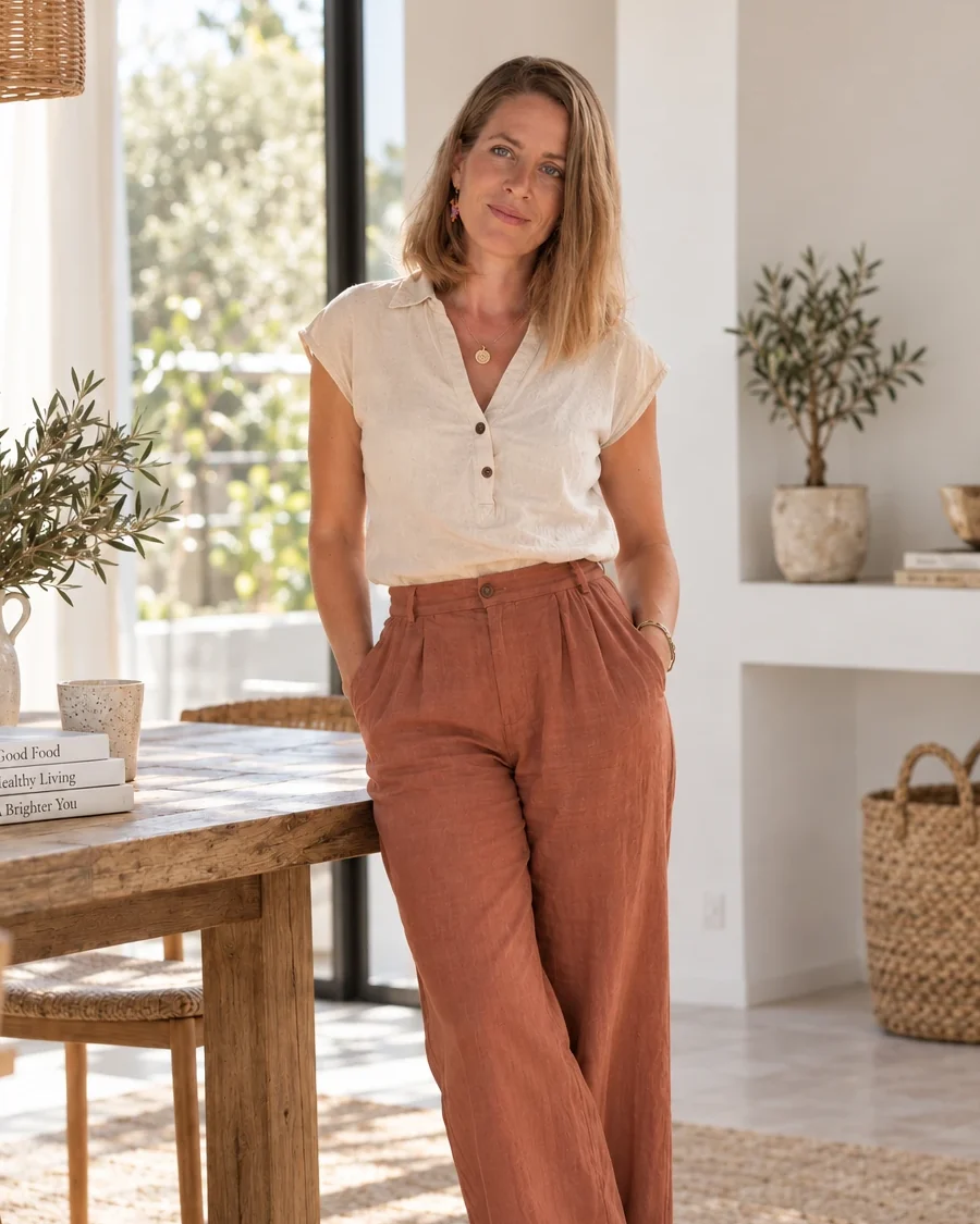 Mónica Luque de pie junto a una mesa de madera, en un espacio luminoso